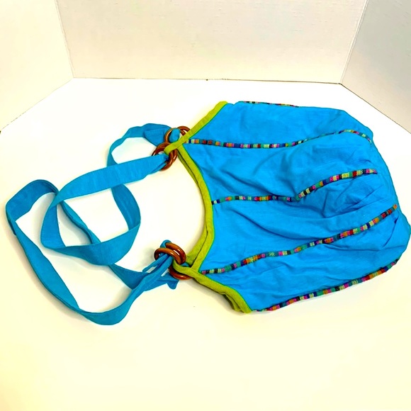 Blue Cotton Handmade Boho Satchel | Bucket Bag | Market Hippie Carry On Tote - Picture 2 of 8